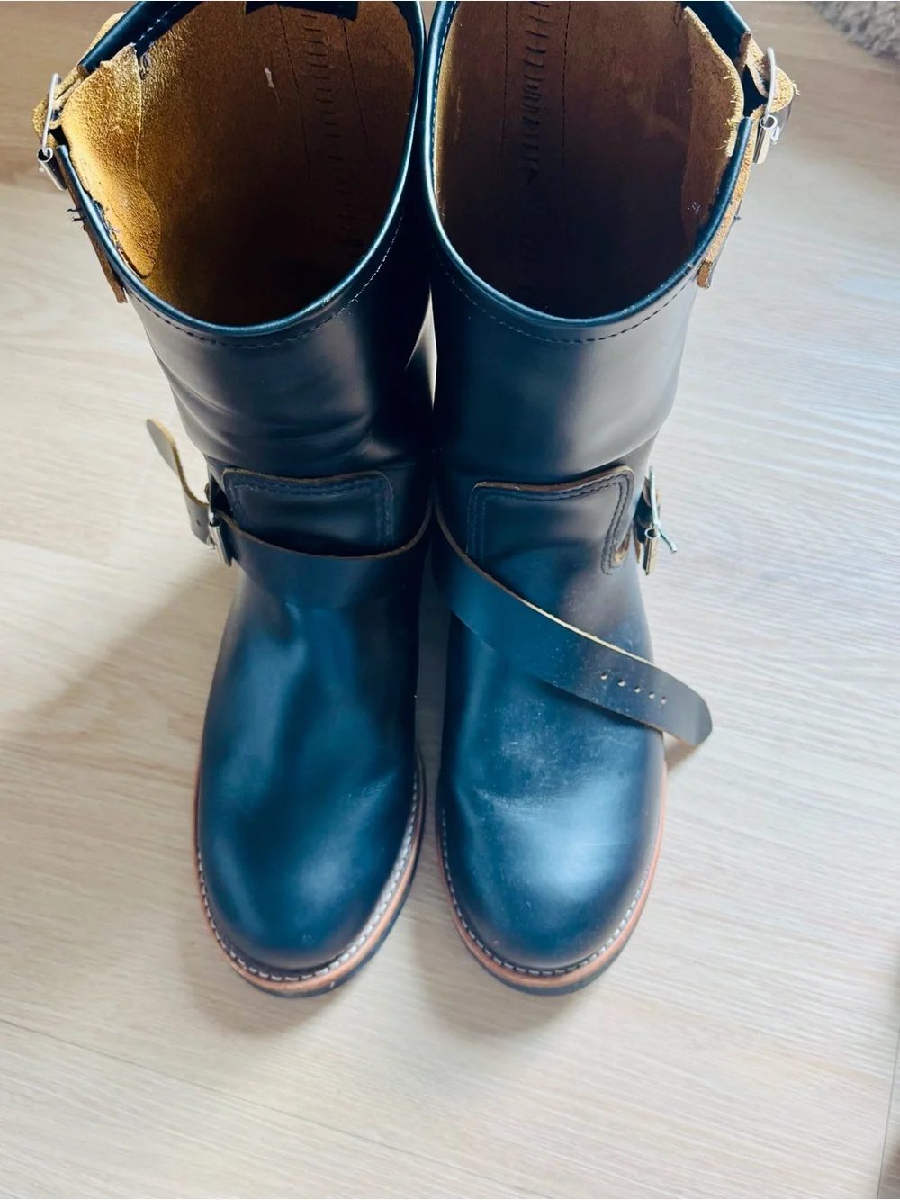 Schott NYC Black Leather Engineer Boots with Brown Welt